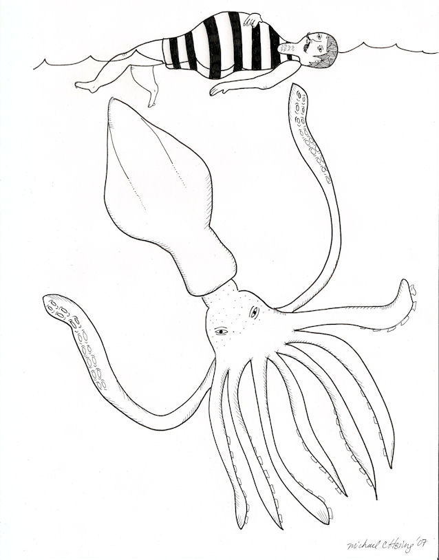 Squid and Swimmer, Drawing by Michael Hsiung